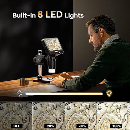 Elikliv Coin Microscope for Adults: 4.3'' LCD Digital Microscope 1000x with 8 Adjustable LED Lights, PC View Compatible with Windows/MacBook, EDM4 Max