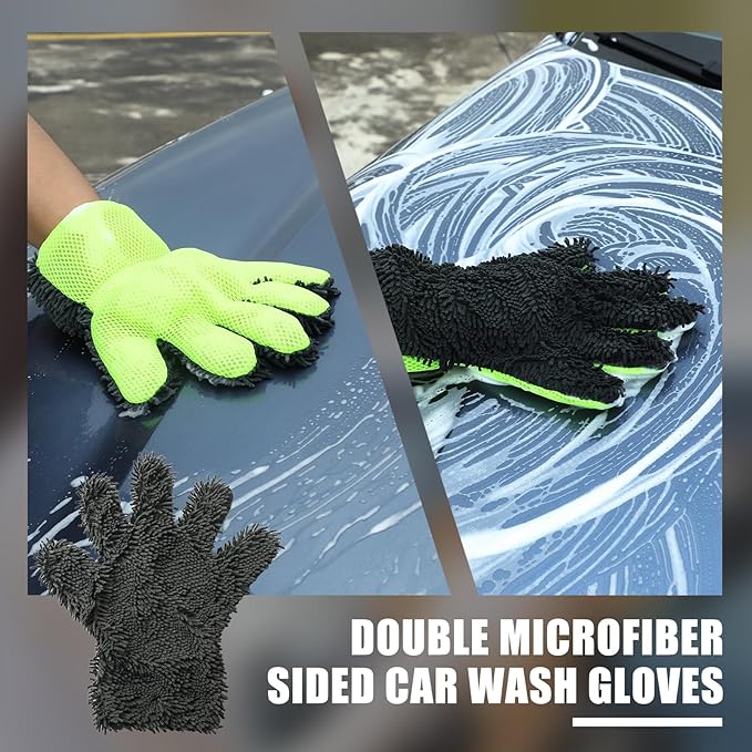 2Pack1300 microfiber towels for cars 36“ x 24” & 24“ x 16” and 2 Double Sided Car Wash Mitts Set, Super Absorbent, Scratch-Free, Reusable, For Car Detailing, Washing, Waxing, Motorcycle, Windows