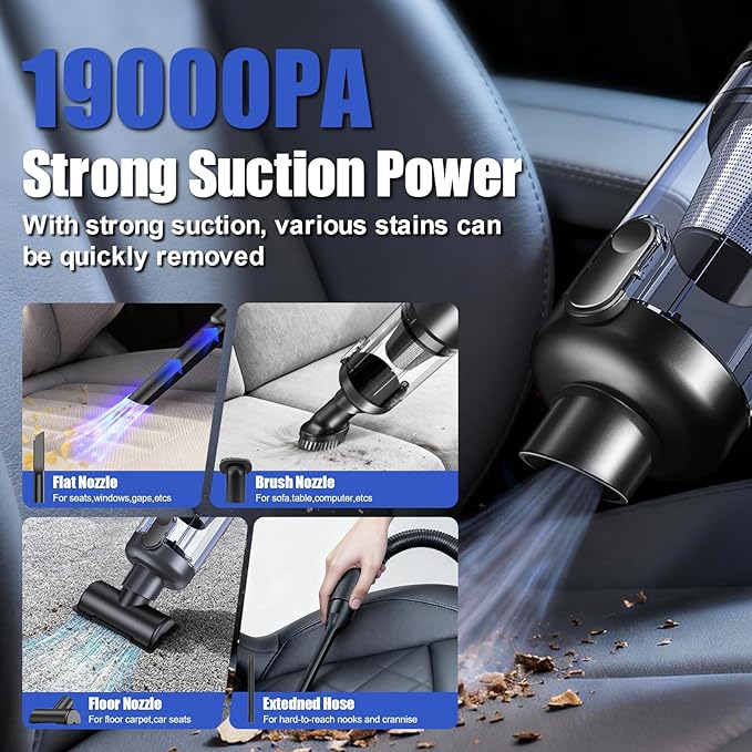 AOPIRDT Car Vacuum Portable Cordless-19000 Pa 4 in 1 Handheld Vacuum Cordless Brushless Motor with LED Light and Multi-Nozzles, One-Touch dust Removal for Car, Home, Office, Pet, Black