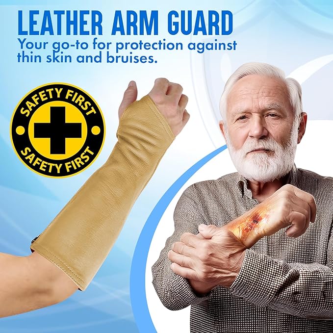 Arm Chaps Leather Protective Sleeves Arm Guard - Prevent Cuts, Scratches & Bruises - Genuine Cowhide - Ideal for Gardening & Construction - Left & Right Form-Fitting. Tan (1 Pair/Medium).