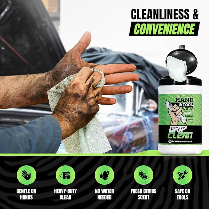 Grip Clean Heavy Duty Hand & Tool Cleaning Wipes – Waterless Hand Cleaner for Mechanics, Garage & Shop Use – Dual-Sided Grease, Oil & Paint Remover Wipes with Citrus Scent - 72ct (6 Pack)