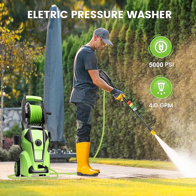 Pressure Washer Adjustable 5000PSI 4.0 GPM Power Washers Powered with 33ft Hose Reel, 4 Nozzle and Foam Cannon, Powerwashers Cleaner Machine for Home, Cars, Patio, Green