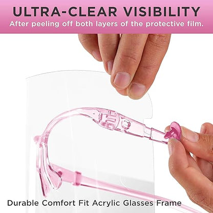 TCP Global Salon World Safety Face Shields with Pink Glasses Frames (Case of 200) - Ultra Clear Protective Full Face Shields to Protect Eyes, Nose, Mouth - Anti-Fog PET Plastic, Goggles