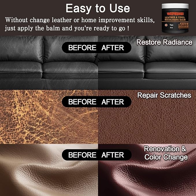WERBME Leather Recoloring Balm & Color Restorer - Multipurpose Dye & Paint for Faded Leather Couches, Car Seats, Shoes | Fix Scratches on Clothing, Furniture & Accessories(Tan)