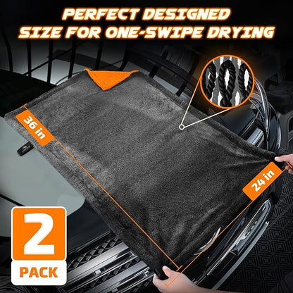 2-Pack 1200 GSM Car Drying Towels – Microfiber Towels for Cars (36" x 24"), Ultra-Absorbent, Streak-Free, Scratch-Free, No Water Spots, Double-Twist Pile & Edgeless Design(Orange)