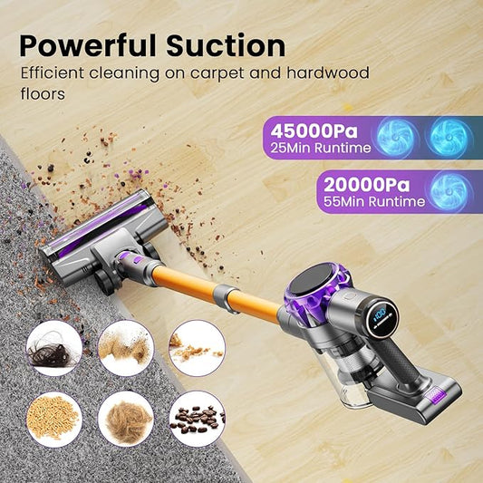 UML0 S3P Cordless Vacuum Cleaner, 45kPa Powerful Suction Vacuum Cleaners for Home, 55-Min Runtime Rechargeable Stick Vacuum, Self-Standing, for Pet Hair Carpet Hard Floor, LED Display