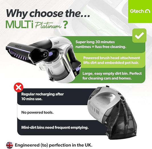 Gtech Multi Platinum Cordless Handheld Vacuum Cleaner - Portable Vacuum Cleaner for Car, Home, and More - Reinforced with Lightweight Aluminum - Rechargeable - 30 Mins Runtime