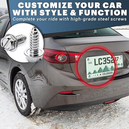 Chrome License Plate Screw Kit - Set of 8 Stainless Steel Fasteners for License Plates, Frames, and Covers on Domestic Cars, Trucks, Vans, SUVs - Rustproof, Self Tapping Mounting Bolts (Chrome Plated)
