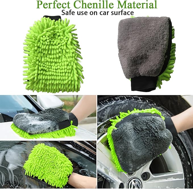 Collapsible Bucket with 3-in-1 Car Wash Mitt, Coral Velvet + Weave + Chenille Microfiber Glove Sponge, 10L (2.6 Gallon) Portable Folding Basin Pail for Household Cleaning