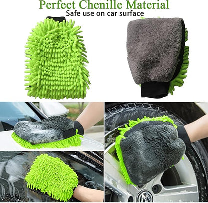 Collapsible Bucket with 3-in-1 Car Wash Mitt, Coral Velvet + Weave + Chenille Microfiber Glove Sponge, 10L (2.6 Gallon) Portable Folding Basin Pail for Household Cleaning