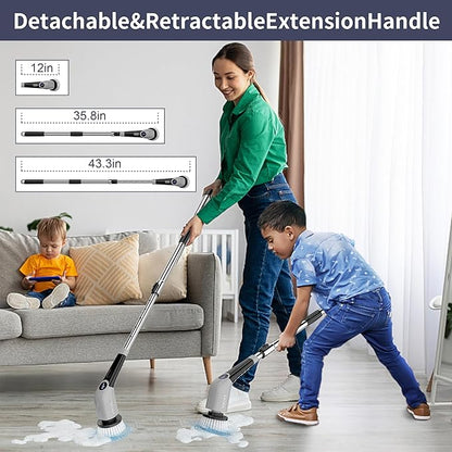 YKYI Electric Spin Scrubber,Cordless Electric Cleaning Brush,Power Scrubber with 8 Replaceable Brush Heads,3 Adjustable Speeds,Voice Broadcast,Shower Scrubber with Long Handle for Bathtub Tile Floor