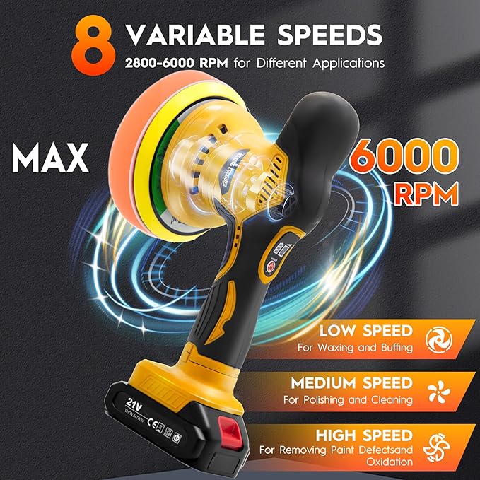 Cordless Car Polisher Kit for Waxing & Scratch Removal, Beginner-Friendly 6-Inch Car Buffer with 2×21V Batteries, 8-Speed 2800–6000 RPM, 21-Piece Detailing Set