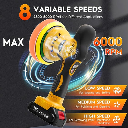 Cordless Car Polisher Kit for Waxing & Scratch Removal, Beginner-Friendly 6-Inch Car Buffer with 2×21V Batteries, 8-Speed 2800–6000 RPM, 21-Piece Detailing Set