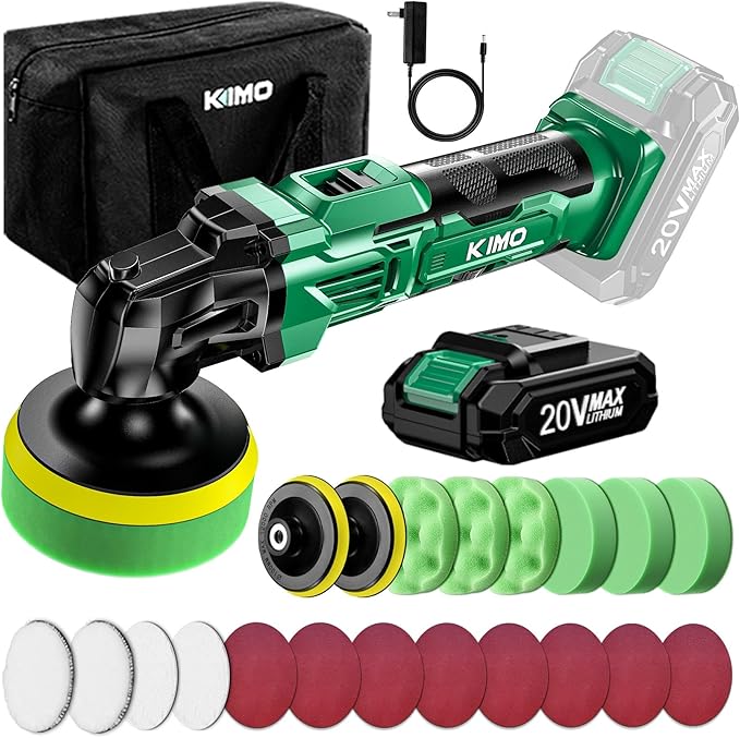 KIMO 20V Cordless Car Buffer Polisher Kit, 24Pcs Polishing Kit, 6 Speeds to 6000RPM / 2000mAh Batteries Cordless Polishers, Buffer Polisher for Car Detailing, Scratch Removing, Boat Sanding & Waxing
