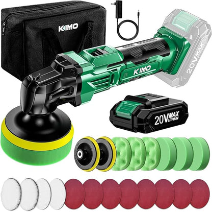KIMO 20V Cordless Car Buffer Polisher Kit, 24Pcs Polishing Kit, 6 Speeds to 6000RPM / 2000mAh Batteries Cordless Polishers, Buffer Polisher for Car Detailing, Scratch Removing, Boat Sanding & Waxing