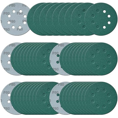 5 Inch 8 Hole Sanding Discs, 50 Pcs Wer Dry Sandpaper 80 Grit Hook and Loop Green Polyester Film Backed Sanding Disc for Random Orbital Sander Wood Car Metal Plastic (80 Grit, 50 Pack)