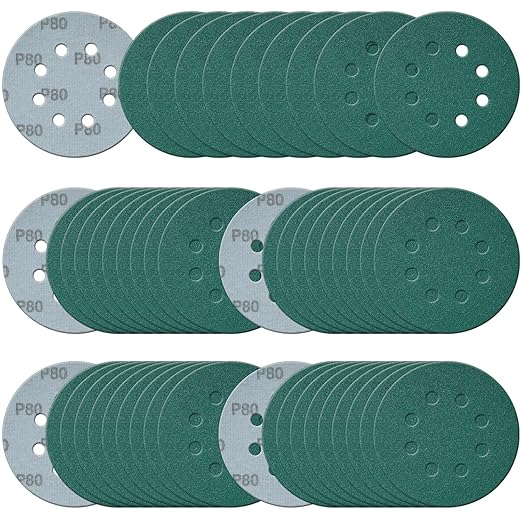 5 Inch 8 Hole Sanding Discs, 50 Pcs Wer Dry Sandpaper 80 Grit Hook and Loop Green Polyester Film Backed Sanding Disc for Random Orbital Sander Wood Car Metal Plastic (80 Grit, 50 Pack)