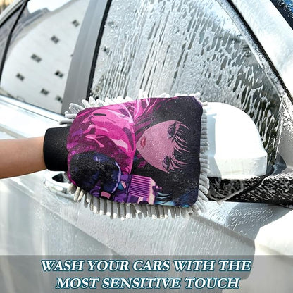 XYMZR Absorbent Microfiber Car Wash Mitt Woman Anime, Funny Cute Anime Scratch Free for Cars Cleaning, Home Cleaning Mitts, 2 Pack, 10.24” L x 7.09” W