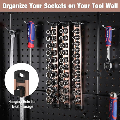WORKPRO Magnetic Socket Organizer, 1/2-Inch Drive Aluminum Alloy Socket Rail, Heavy Duty Socket Holder, Socket Rack Kit 1/2-Inch x 10 Clips Champagne (Socket not Included)