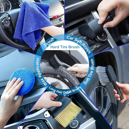 AUTODECO Car Detailing Kit, Car Detailing Brush Set with Vacuum, Bendable Car Wheel Rim Cleaner Brush Set, Car Detailing Brushes, Car Wash Cleaning Tools Kit for Interior, Exterior, Wheels, Blue
