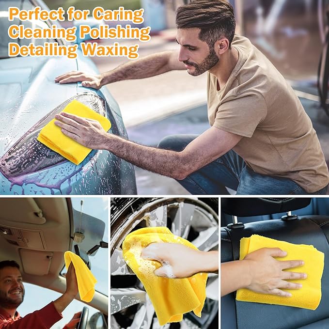 Tallew 16 Pcs Car Microfiber Towels Buffing Drying Wash Cleaning Cloths Plush Large Towels Thick Care Polishing Detailing Waxing Scratch Proof Towel, 15.75 x 15.75 Inch (Yellow)