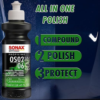 SONAX Glaze OS 02-06 | All-in-One Car Polish for Scratch Removal, High-Gloss Finish & Ceramic Protection | SiO2-Based 6-Month Durability | Hologram-Free Results for All Paint | 247300 | 1 Liter