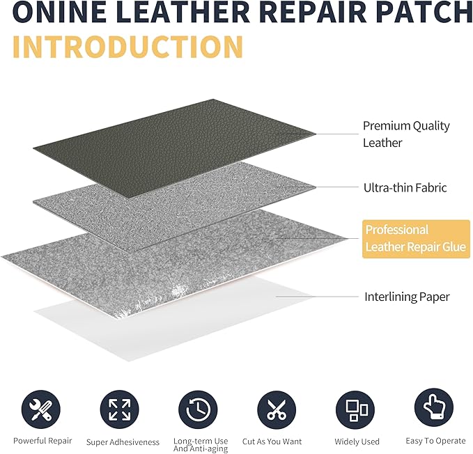 ONine Leather Repair Patch，Leather Repair Tape, 3 x 60 inches Leather Repair Patch for Furniture,Vinyl Repair kit，Leather Couch Patch，for Sofas, Furniture, car Seats(Grey-Litchi Grain)