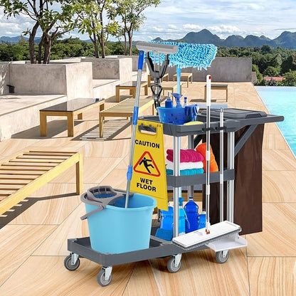 Commercial Janitorial Cart with Wheels, 3-Shelf Cleaning Trolley Cart with 16-Gallon Trash Bag, 220 Lbs Capacity Rolling Housekeeping Carts, Ideal for Hotel,School, Apartments