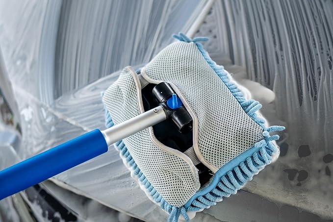 Mitt on a Stick PRO+ | Extendable Car Wash Brush, Mop, Mitt, Sponge | Blue w/ Noodle & Mesh Cover