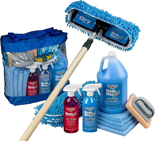 Waterless RV Aircraft Boat Wash Wax Mop Kit with Fiberglass Pole 4' 2" to 7' 8" No Ladder Needed, Wash, Wax, Dry, Anywhere, Anytime
