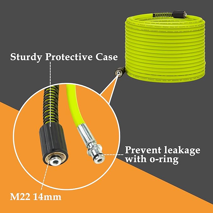 M MINGLE Pressure Washer Hose 50 FT x 1/4" - Replacement Power Wash Hose with Quick Connect Kits - High Pressure Hose with M22 14mm Fittings - 3600PSI