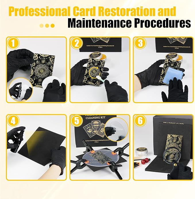 SFAED Card Care Clean Kit,17-in-1 Card Cleaning and Polishing Restoration Kit, Trading Card Cleaning Box with Cleaning Spray and Balck Nitrile Gloves, Suitable for Surface Card Care&Flatten Edges