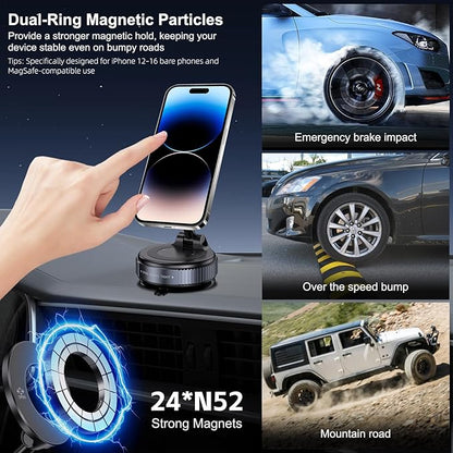 Jikasho Vacuum Magnetic Suction Phone Holder, Foldable and Retractable Hands-Free Suction Cup Phone Mount for Car/Gym/Mirror/Smooth Surface, Compatible with iPhone & Android (Gel Suction Cup Black)