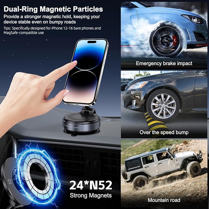 Jikasho Vacuum Magnetic Suction Phone Holder, Foldable and Retractable Hands-Free Suction Cup Phone Mount for Car/Gym/Mirror/Smooth Surface, Compatible with iPhone and Android (Space Grey)