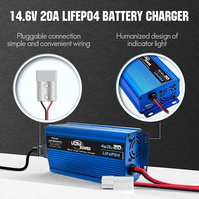 ULTRAPOWER 12V 20A LiFePO4 Battery Charger,14.6V Automatic Lithium Battery Charger,AC/DC Battery Chargers,Anderson Connector for RV,Marine,Solar Systems and Lithium LiFePO4 Deep Cycle Batteries