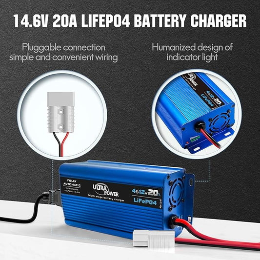 ULTRAPOWER 12V 20A LiFePO4 Battery Charger,14.6V Automatic Lithium Battery Charger,AC/DC Battery Chargers,Anderson Connector for RV,Marine,Solar Systems and Lithium LiFePO4 Deep Cycle Batteries