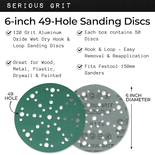 Serious Grit - 6-Inch 49-Hole 120 Grit Sanding Discs - Heavy-Duty Hook & Loop Film Discs - Sandpaper for Random Orbital Sanders - 50 Pack Box