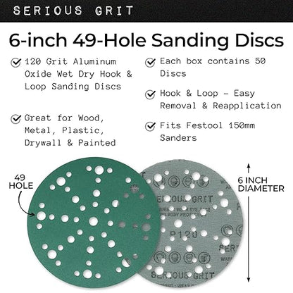 Serious Grit - 6-Inch 49-Hole 120 Grit Sanding Discs - Heavy-Duty Hook & Loop Film Discs - Sandpaper for Random Orbital Sanders - 50 Pack Box