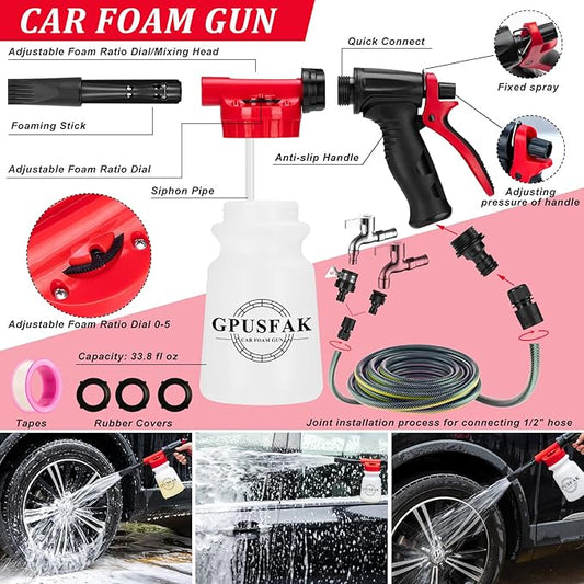 GPUSFAK 39Pcs Car Wash Cleaning Kit with Foam Gun Sprayer Detailing Brushes Collapsible Bucket Windshield Cleaning Tool Tire Brush Towels Complete Interior Exterior Detailing Set for Car