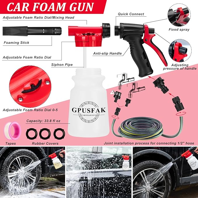 GPUSFAK 26Pcs Car Wash Cleaning Kit with Foam Gun Sprayer Detailing Brushes Window Water Scraper Tire Brush Towels Complete Interior Exterior Detailing Set for Car