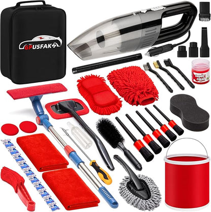 GPUSFAK 41Pcs Car Wash Cleaning Kit with High Power Handheld Vacuum Windshield Cleaning Tool Collapsible Bucket Detailing Brushes Tire Brush Towels Complete Detailing Set for Car