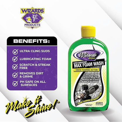 Wizards Select - Super Concentrate Max Snow Foam Car Wash Soap - Ultra Cling Suds Car Wash Shampoo With Thick Foam - Soap For Car Washing and Detailing - 16 oz