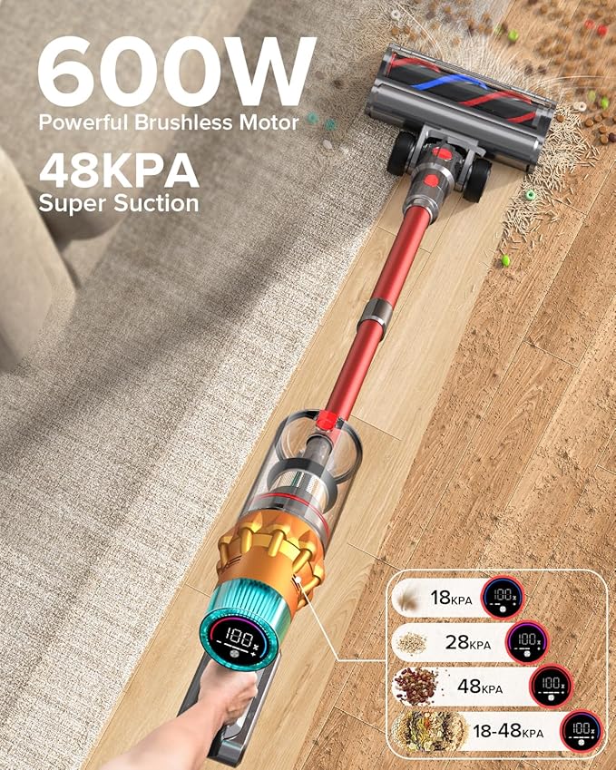 REBANIC S8 Cordless Vacuum Cleaner, 600W 48Kpa Up to 65mins Stick Vacuum Rechargeable, Wireless Lightweight Handheld Vacuum Cleaners for Home Pet Hair Carpet Hardwood Floor Car