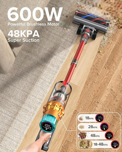 REBANIC S8 Cordless Vacuum Cleaner, 600W 48Kpa Up to 65mins Stick Vacuum Rechargeable, Wireless Lightweight Handheld Vacuum Cleaners for Home Pet Hair Carpet Hardwood Floor Car