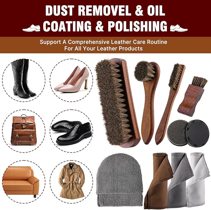 15-in-1 Shoe Shine Kit & Leather Polish Set with 4 Horsehair Brushes, Black Brown Neutral Wax, Mink Oil, 3 Cloths Shine Sponges Boot Care Cleaning Mens Valentines Day Gifts with Portable Leather Case