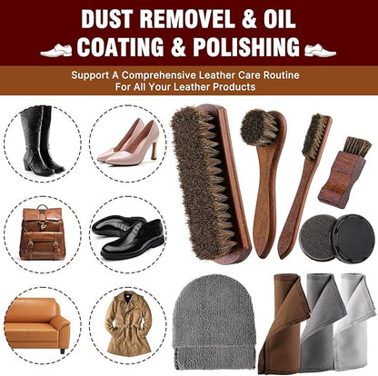 15-in-1 Shoe Shine Kit & Leather Polish Set with 4 Horsehair Brushes, Black Brown Neutral Wax, Mink Oil, 3 Cloths Shine Sponges Boot Care Cleaning Mens Valentines Day Gifts with Portable Leather Case