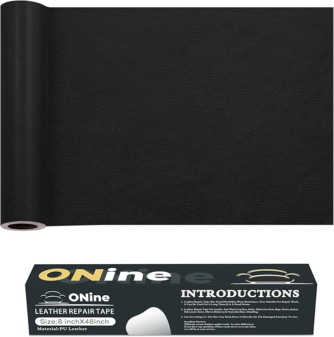 ONine Leather Repair Patch，Leather Repair Tape, 8 x 48 inches Leather Repair Patch for Furniture,Vinyl Repair kit，Leather Couch Patch，for Sofas, Furniture, car Seats(Black)