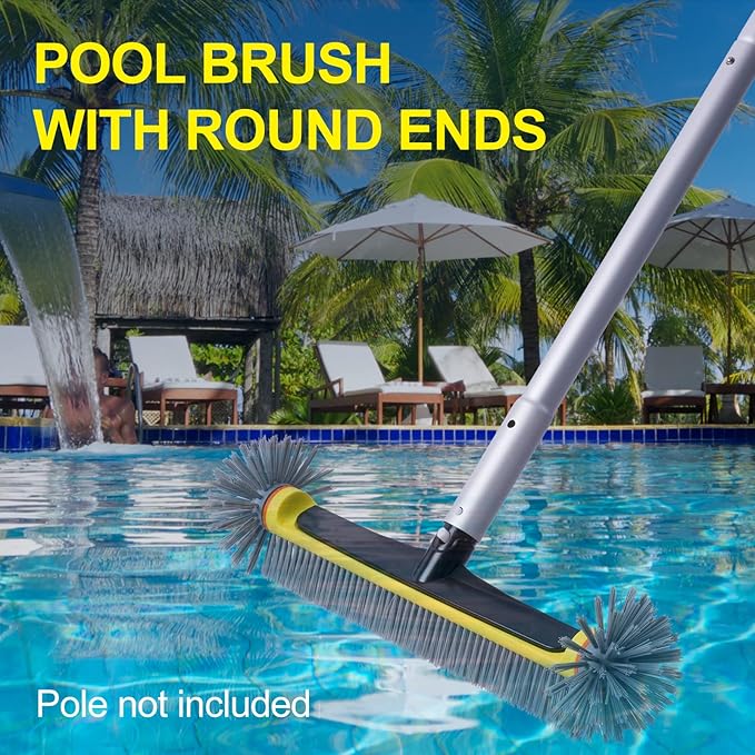 POOLAZA Pool Brush Head with Round Ends, Heavy Duty Pool Brushes for Cleaning Pool Walls, Floors Steps & Corners, 17.5" Pool Brush with Sturdy Aluminum Handle & Durable Nylon Bristles (Yellow)