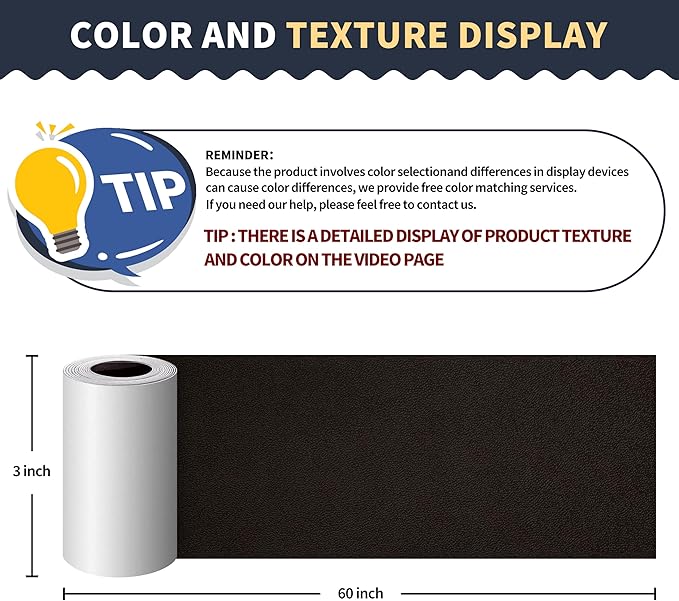 ONine Leather Repair Patch，Leather Repair Tape, 3 x 60 inches Leather Repair Patch for Furniture,Vinyl Repair Kit，Leather Couch Patch，for Sofas, Furniture, Car Seats(Dark Brown-Fine Grain)