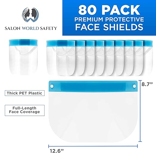 Salon World Safety 80 Face Shields (8 Packs of 10) - Ultra Clear Protective Full Face Shields to Protect Eyes, Nose and Mouth - Anti-Fog PET Plastic, Elastic Headband - Sanitary Droplet Splash Guard